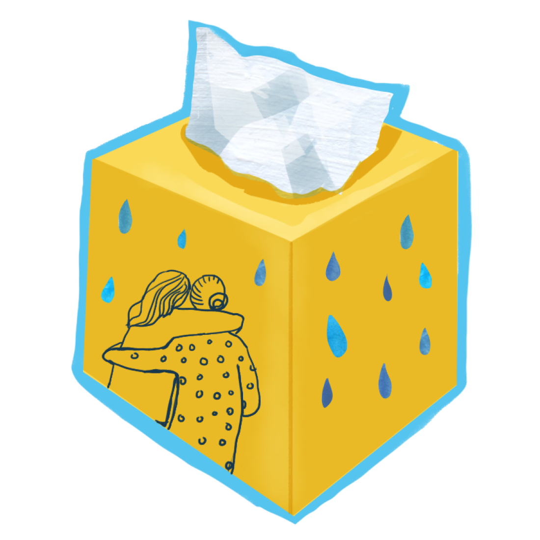 Illustration of a box of tissues. On the side of the box there are two people with their arms around each other.