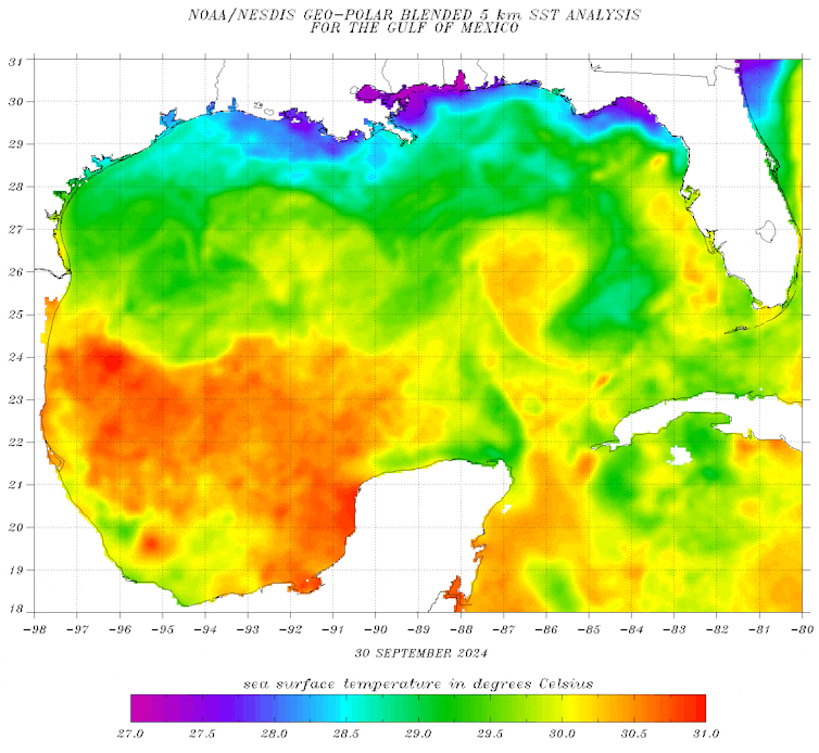 The map shows sea surface temperatures in the Gulf of Mexico.