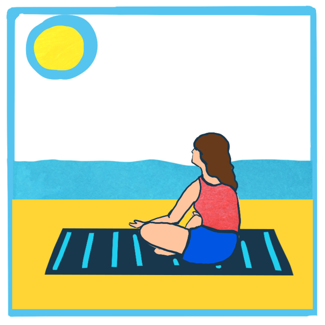 A woman with long brown hair sits on a beach towel in the sand, facing the water and the sun.